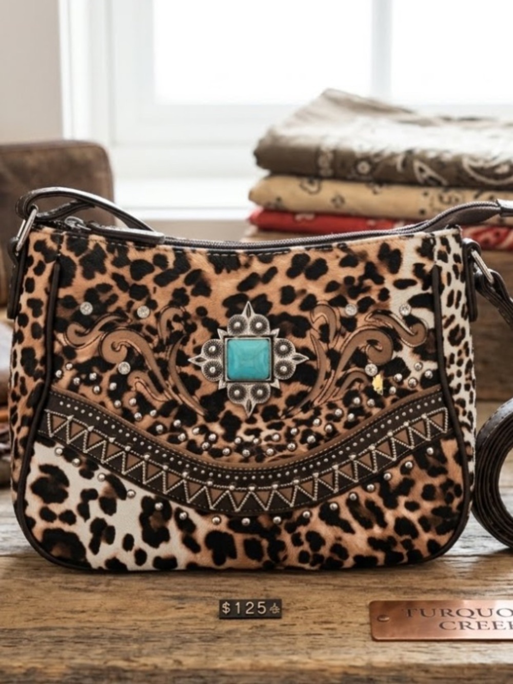 Leopard Print Crossbody Bag with Turquoise Accent